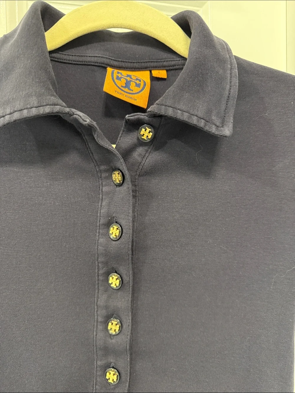 Tory Burch Navy Short-Sleeve Button Polo with Logo Buttons
